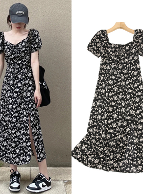 FBB WORKS 浪漫夜玫瑰夏季黑色碎花显瘦泡泡袖法式方领开叉连衣裙