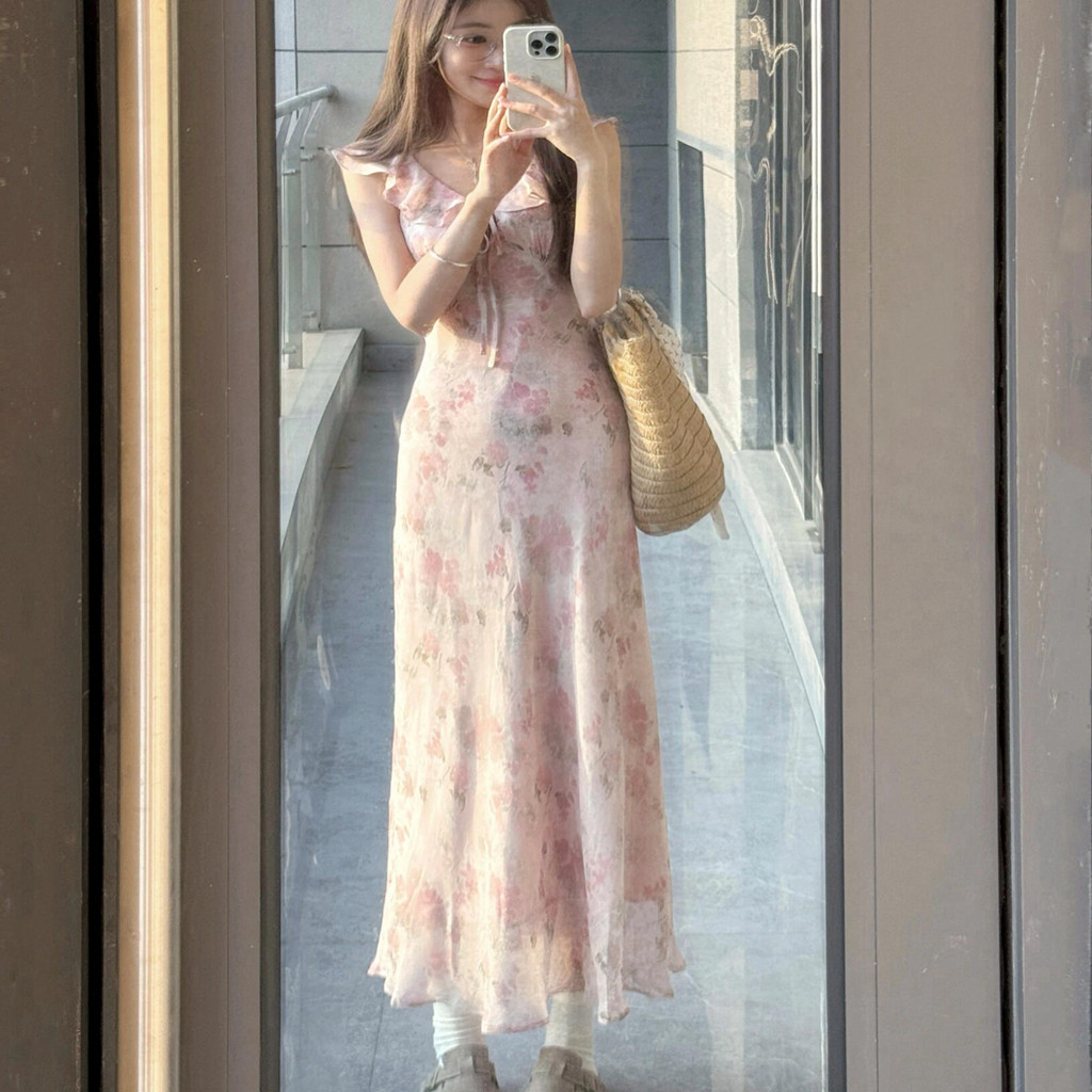 FBB WORKS 小樱花2025春夏季新款小飞袖连衣裙雪纺碎花女