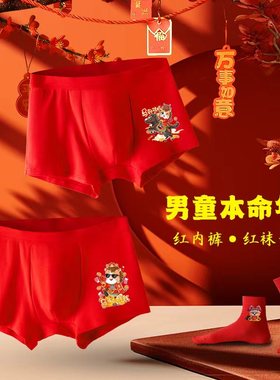 马年本命年男童平角内裤中大童青少年男孩红色纯棉儿童四角裤衩