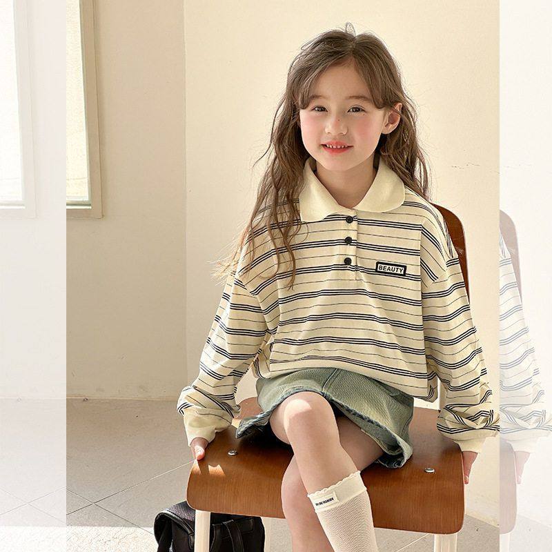 Ambb艾摩贝贝女童2025春季新品儿童POLO条纹卫衣