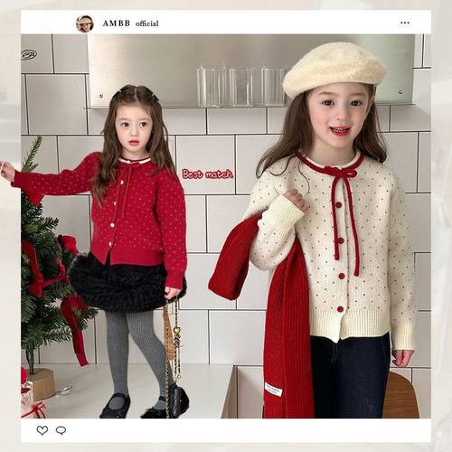 圣诞新年款~女童宝宝韩版甜美波点蝴蝶结绵羊绒针织开衫毛衣外套