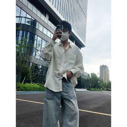 TANGZ STUDIO慵懒风白色长袖衬衫男宽松百搭薄款防晒外套休闲衬衣