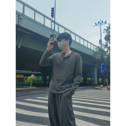 TANGZ STUDIO美式复古条纹亨利领长袖T恤男韩系简约休闲套装两件