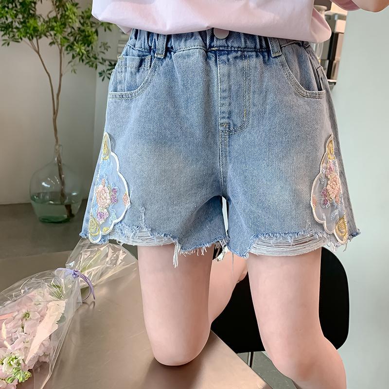 女童牛仔短裤新中式夏装2025新款洋气儿童裤子百搭破洞水洗热裤潮