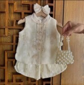 汉服上衣短裤 女童套装 两件套 儿童蕾丝花边新中式 夏季 夏装 2025新款