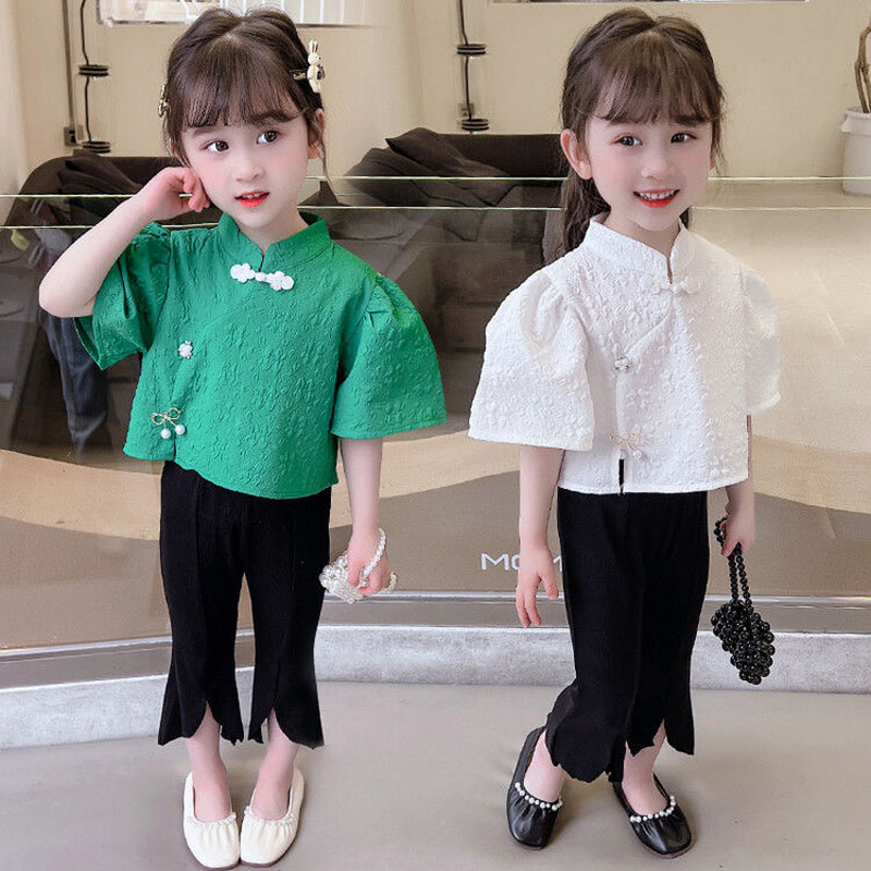 女童套装夏季2025新款儿童泡泡袖衬衫洋气女宝宝喇叭裤短袖两件套