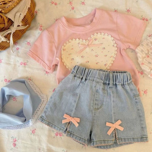 套装 韩版 女宝宝短袖 外穿牛仔短裤 儿童洋气爱心蝴蝶结 薄款 女童夏季