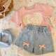 套装 韩版 女宝宝短袖 外穿牛仔短裤 儿童洋气爱心蝴蝶结 薄款 女童夏季