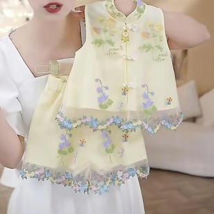 2025新款 国风花边套装 儿童新中式 短裤 洋气中大童无袖 女童汉服夏装