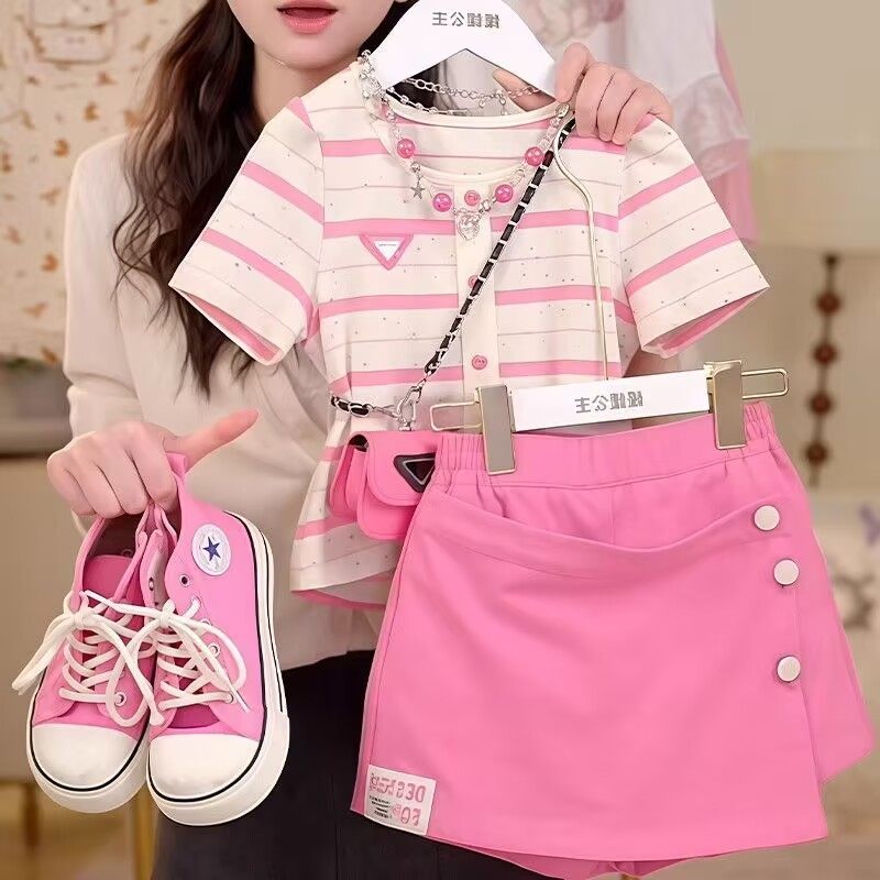 女童套装夏季2025新款儿童条纹短袖T恤牛仔短裙裤韩版洋气两件套,童装/婴儿装/亲子装,套装,淘宝优惠券,粉丝福利购,淘宝优惠卷