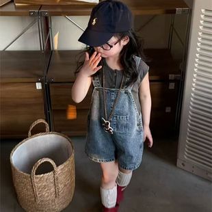 女童夏季套装2026新款儿童纯色百搭背心小童牛仔背带短裤两件套潮