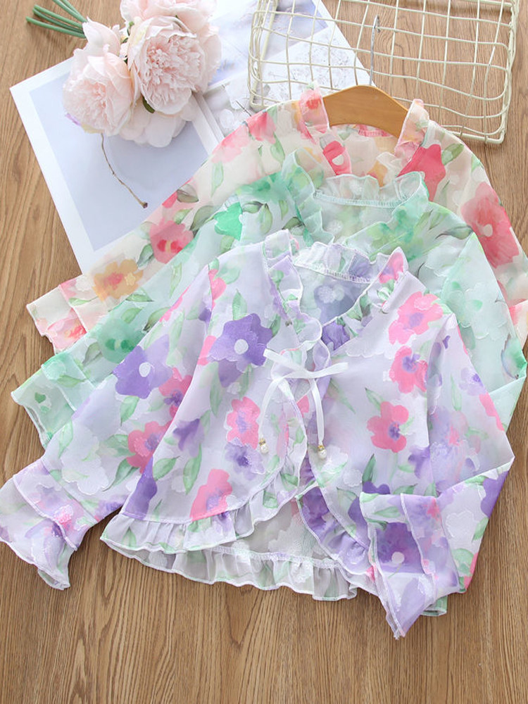 여아용 자외선 차단 의류 여름 다용도 속이 빈 베이비 숄과 양복 조끼 아동용 에어컨 셔츠 꽃무늬 외피 얇은 가디건