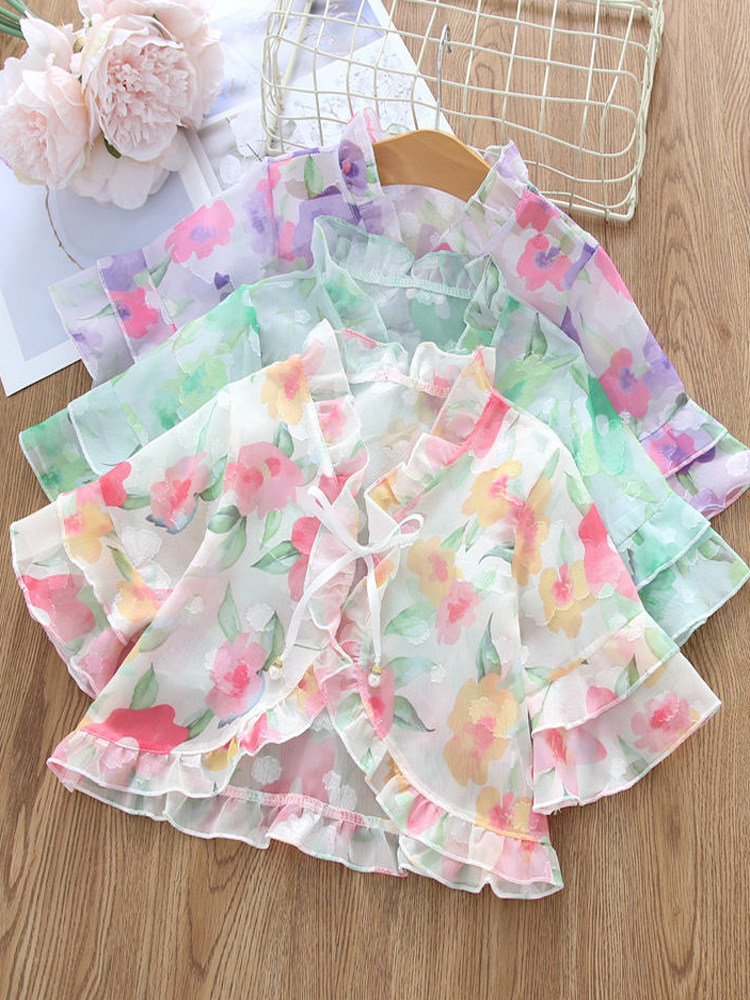 여아용 자외선 차단 의류 여름 다용도 속이 빈 베이비 숄과 양복 조끼 아동용 에어컨 셔츠 꽃무늬 외피 얇은 가디건