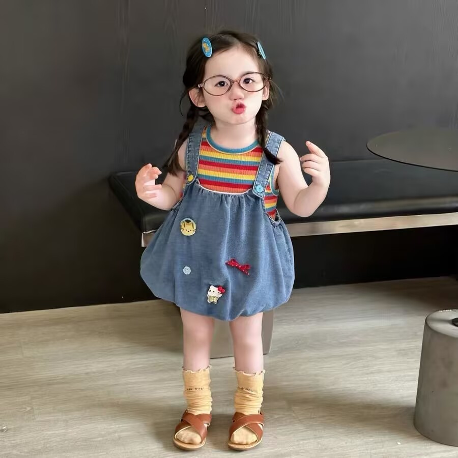 女童套装夏装2026新款儿童女宝宝条纹背心牛仔背带裙两件套花苞裙