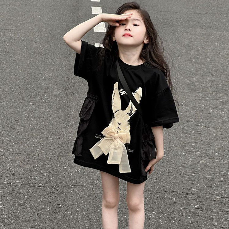 女童短袖T恤夏装2025新款宽松洋气上衣中大童卡通半袖儿童连衣裙