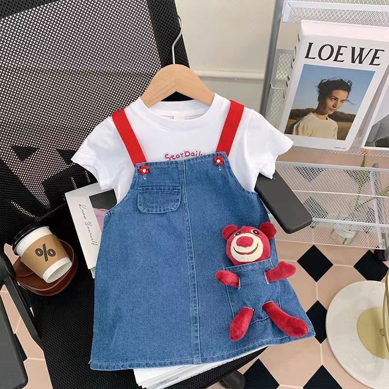女童夏季牛仔背带裙套装儿童2025夏装新款女宝宝洋气卡通熊两件套