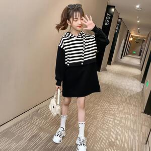 女童连衣裙秋装新款2023连帽条纹时髦春秋网红裙子女孩宽松卫衣裙