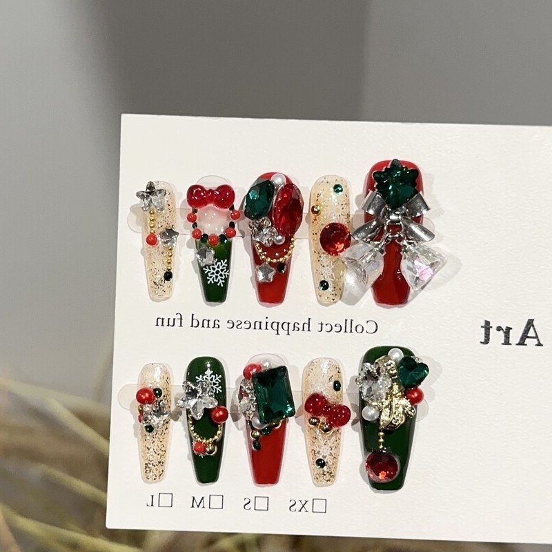 穿戴甲绿色假指甲铃铛圣诞节高级