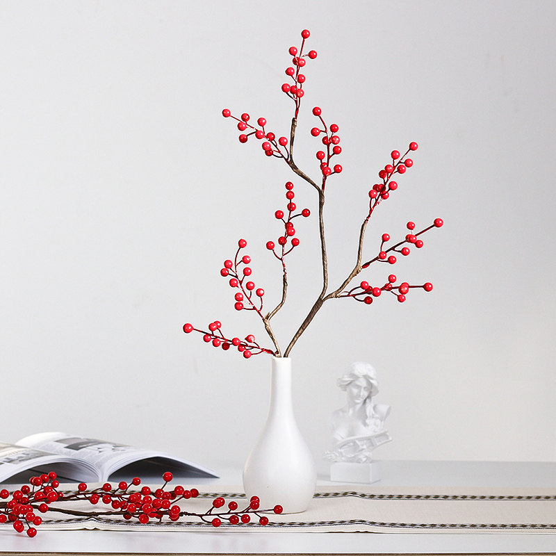 新年装饰花北美仿真冬青红果插花假花客厅摆设红色发财果婚庆摆件