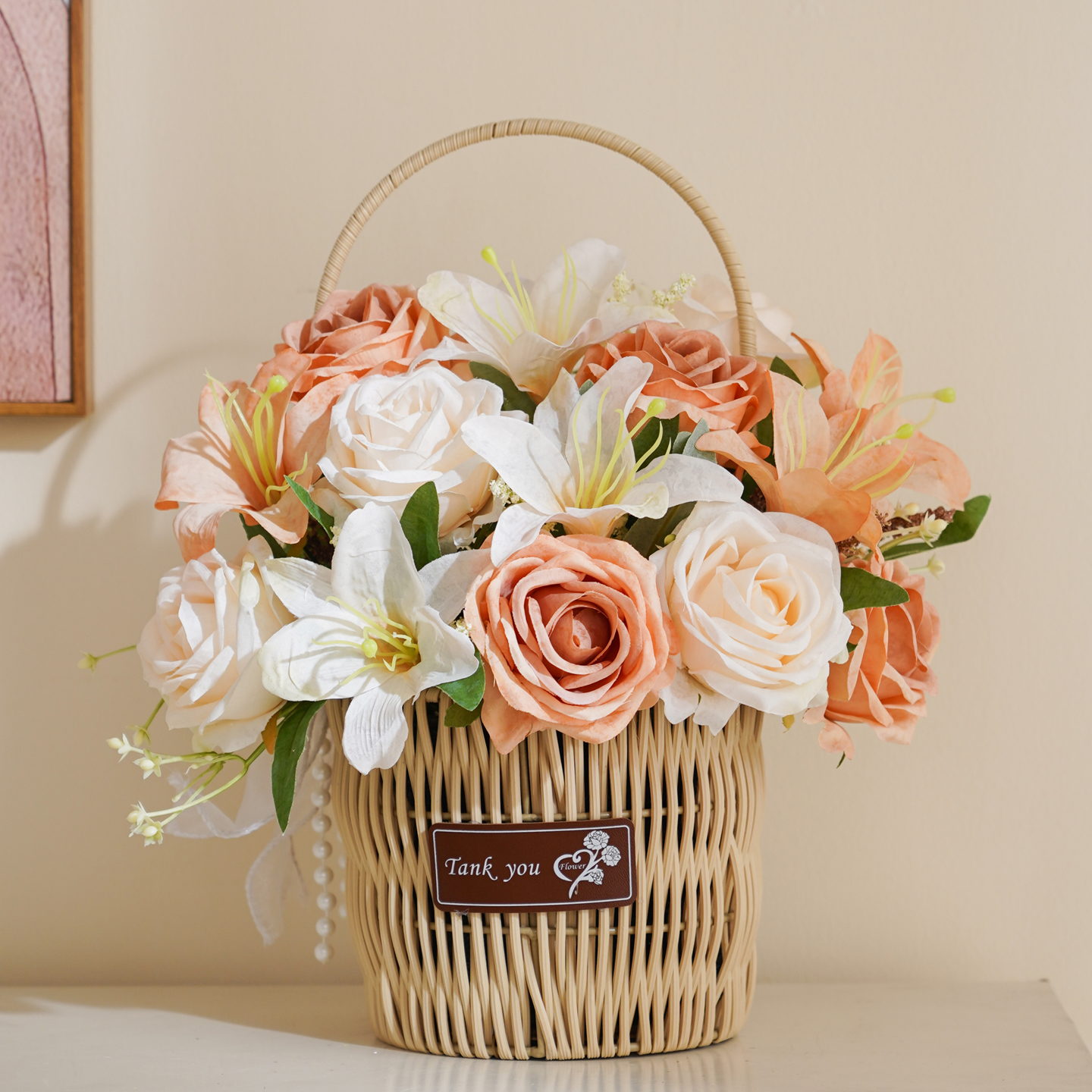 花籃插花手提編織仿真花擺件