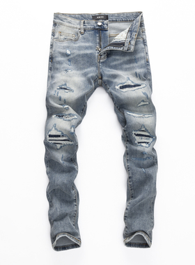 2024春夏新款破洞小脚修身男士破洞潮夜店港风乞丐紧身高品质MAIR