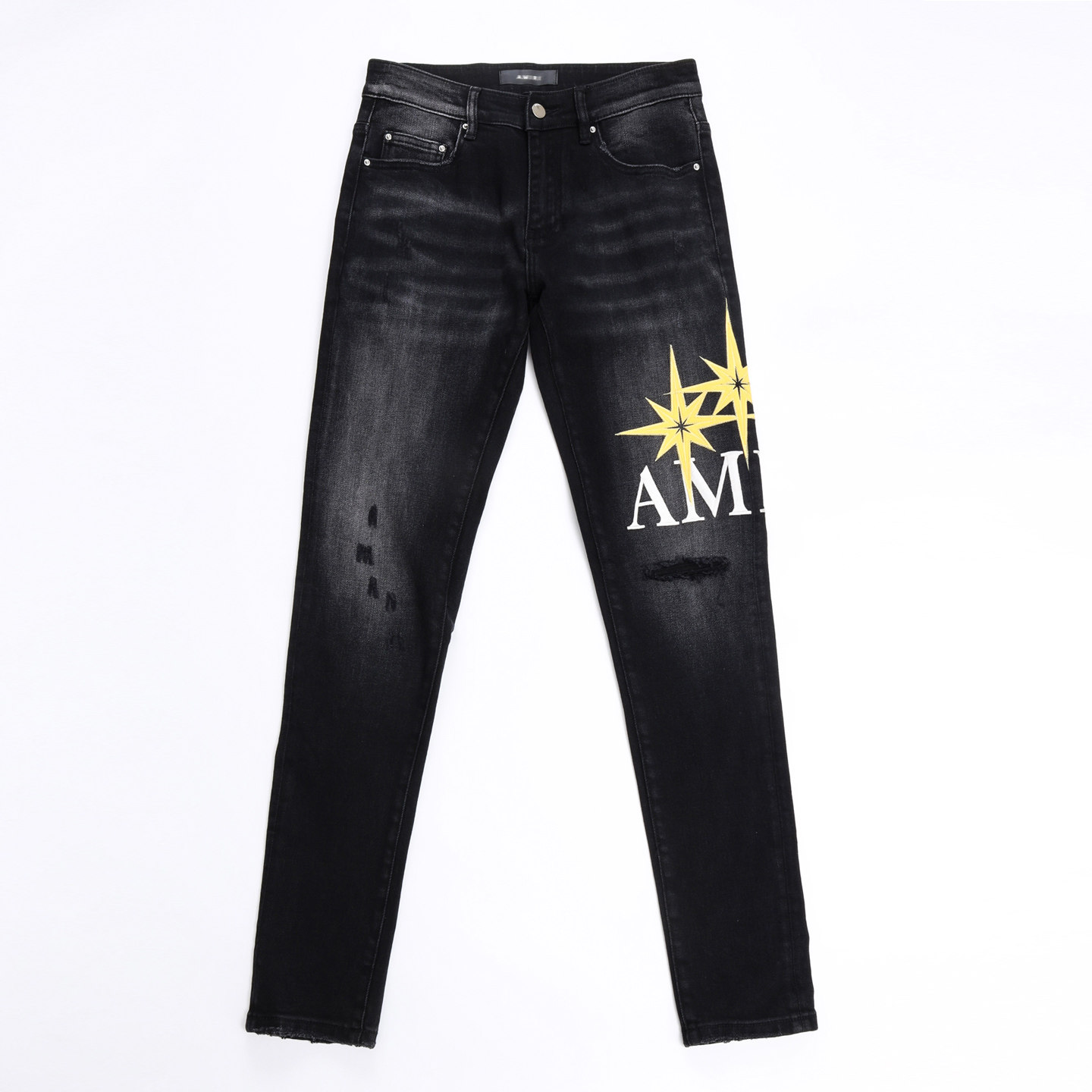 2025AM泼墨小脚男士破洞潮夜店港风黑色紧身广州泼墨男牛仔裤