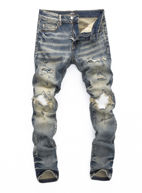 2024春夏新款破洞小脚修身男士蓝色潮夜店港风乞丐紧身高品质MAIR