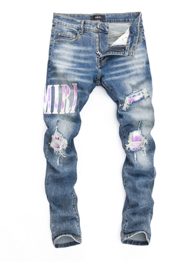 2024春夏新款破洞小脚修身男士蓝色潮夜店港风乞丐紧身高品质MAIR