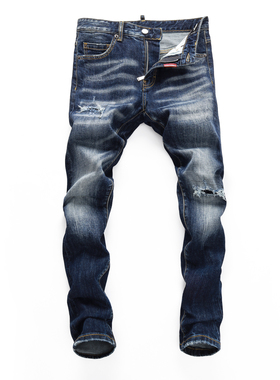 2023秋冬新款破洞小脚修身男士蓝色潮夜店港风乞丐紧身高品质DSQ2