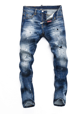 2024春夏新款破洞小脚修身男士蓝色潮夜店港风乞丐紧身高品质DSQ2