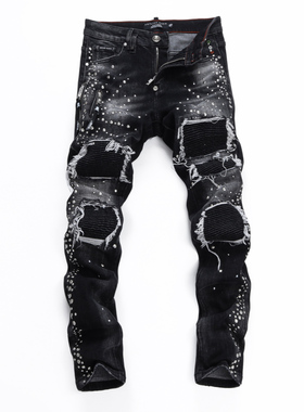 2025PP骷髅头新款破洞小脚男士破洞灰色港风高修身广州货男长裤