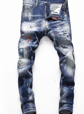 2023秋冬新款破洞小脚修身男士蓝色潮夜店港风乞丐紧身高品质DSQ2