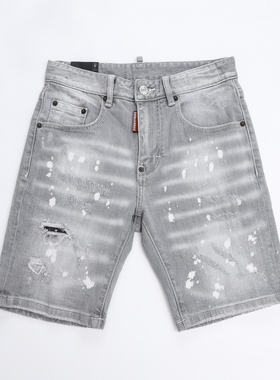 2025春夏新款破洞破洞泼墨男士蓝色潮港风乞丐品质DSQ2牛仔短裤