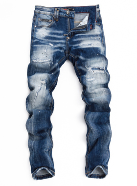 2025PP骷髅头新款破洞小脚男士破洞灰色港风高修身广州货男长裤