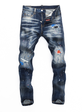 2024春夏新款破洞小脚修身男士蓝色潮夜店港风乞丐紧身高品质DSQ2