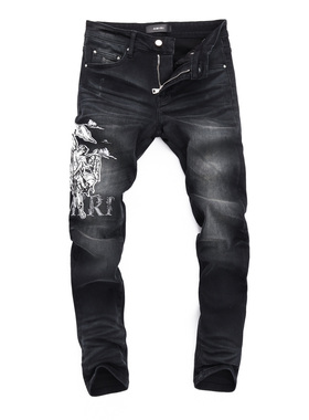 2025春夏新款破洞小脚修身男士黑色潮夜店港风乞丐紧身高品质MAIR