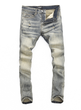 2024春夏新款破洞小脚修身男士破洞潮夜店港风乞丐紧身高品质MAIR