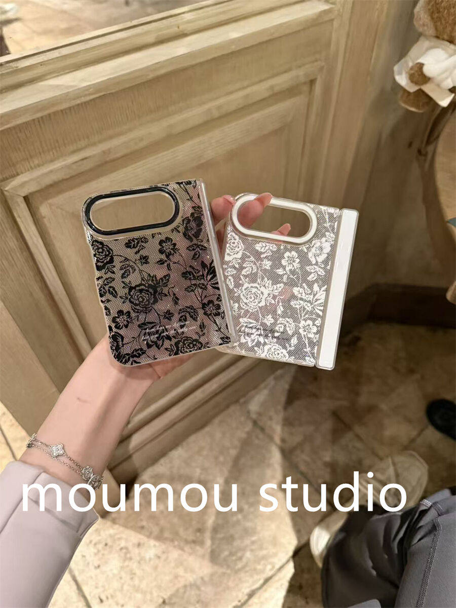 西多士古早透明黑白蕾丝玫瑰花适用iPhone Duo折叠手机壳防摔保护套