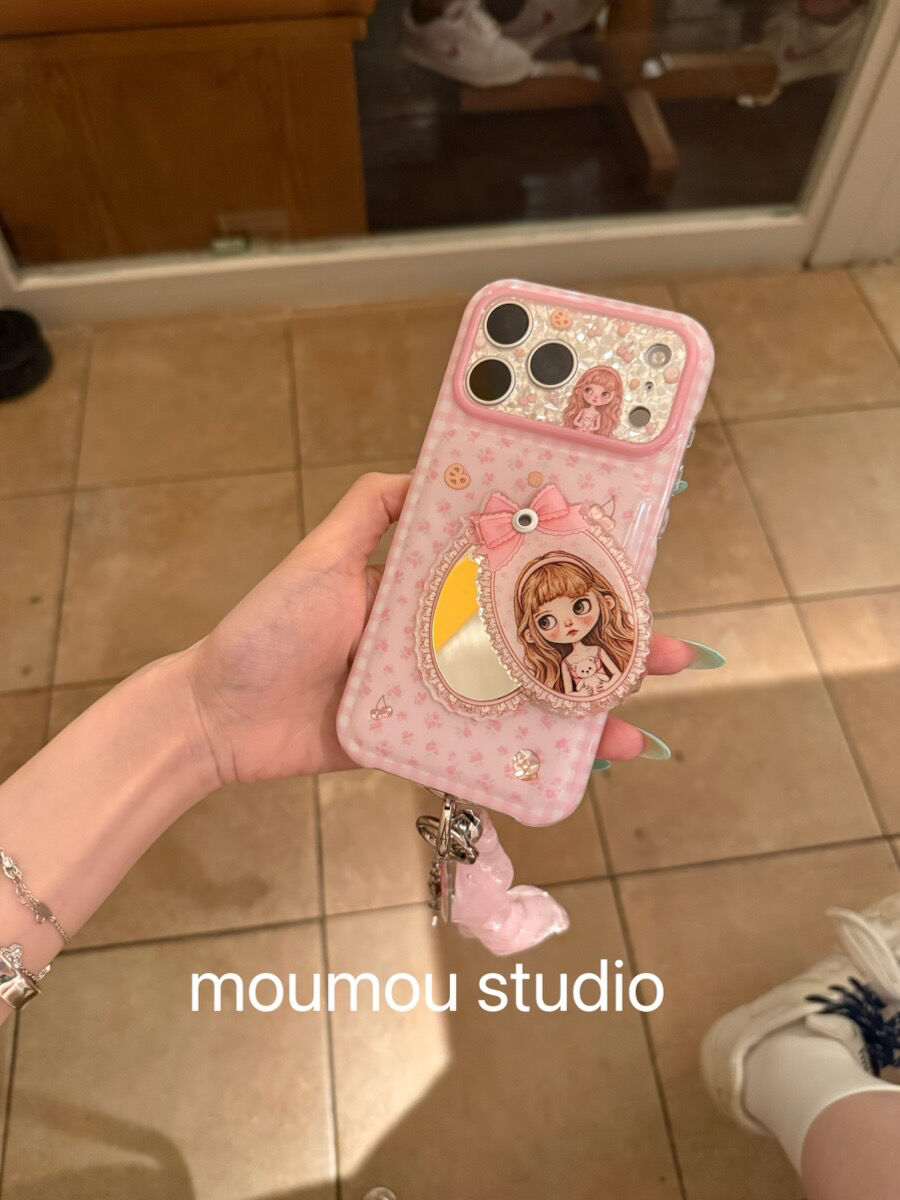 西多士可爱复古手绘女孩镜子适用于iPhone17promax手机壳苹果16pro女款