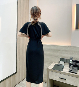 RM10151#时尚洋气设计感V领流苏拼接收腰开叉气质优雅礼服连衣裙