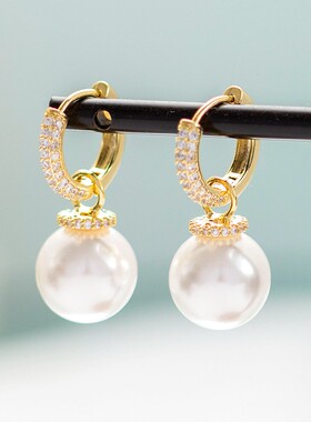 【珠光宝气】2025玲珑满钻绣球珍珠耳坠女士百搭耳扣精致耳环1116