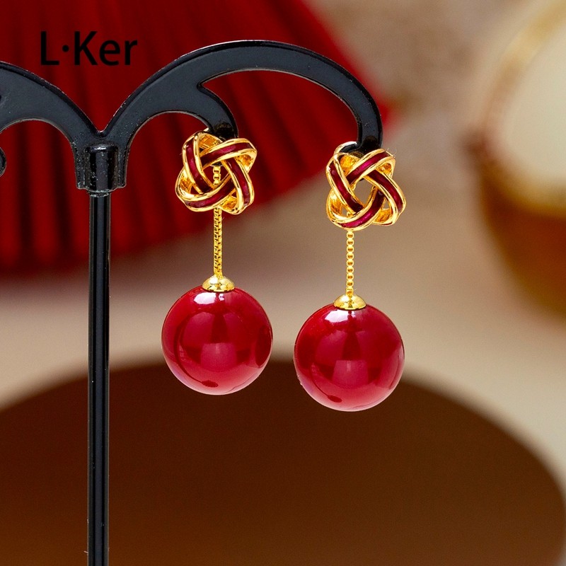 [小风车] 秋冬新年红绣球珠珠流苏耳钉过年喜庆女士耳环1850