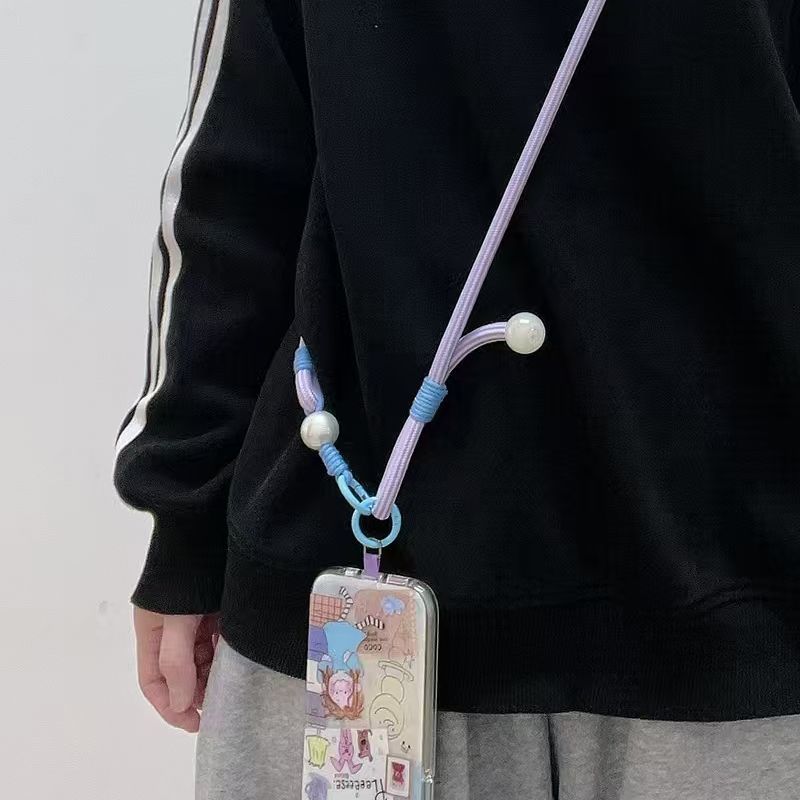 撞色弹簧扣长款手机挂绳圆润珍珠点缀耐磨耐用手机斜挎随身挂链