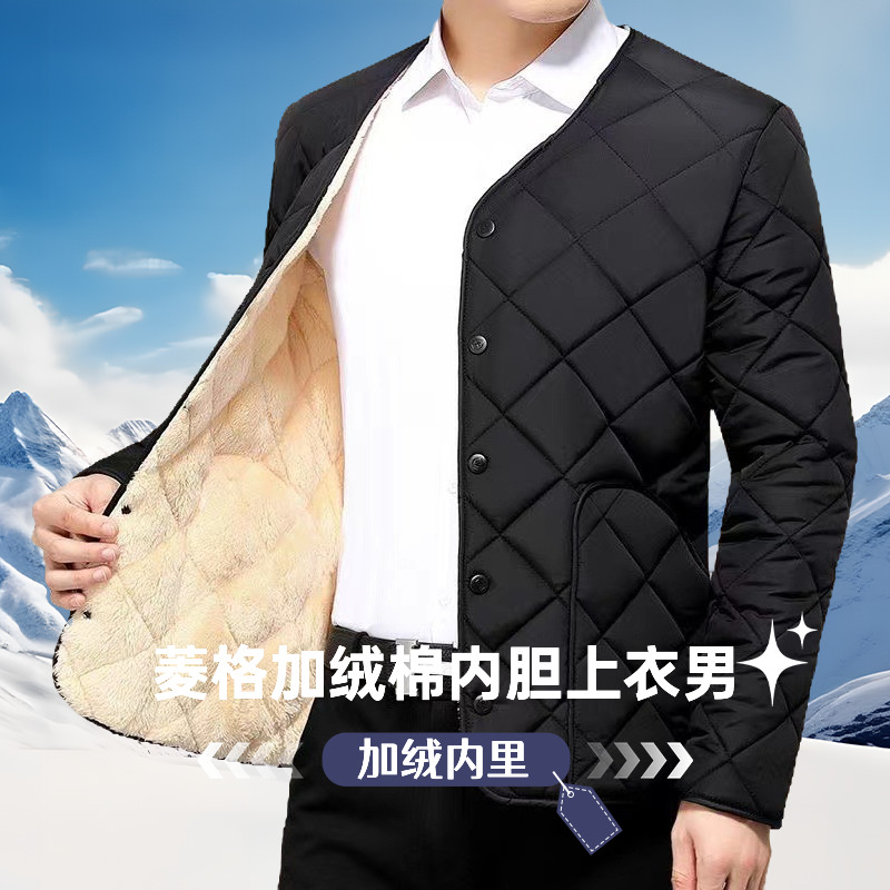 秋冬新款防风保暖抓绒菱格棉服男款大码棉衣内胆中年男士棉袄加绒