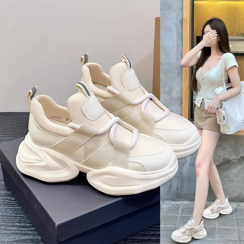 香港真皮老爹鞋女2024新款厚底纯色踏青松糕底系带运动休闲鞋