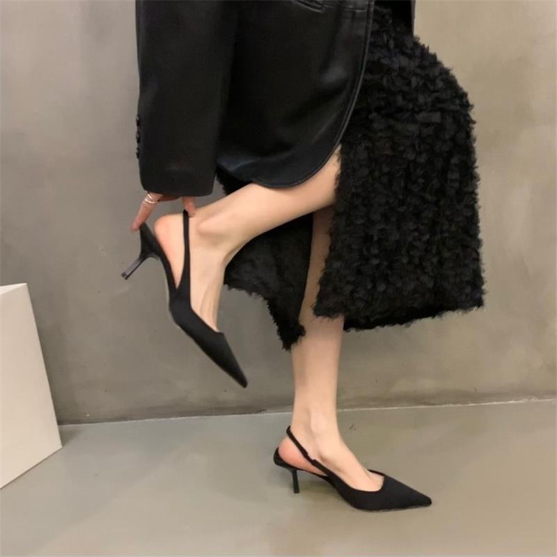 후지산 아래 샌들 여성 프렌치 하이힐 블랙 바오터우 틈새 하이엔드 새틴 포인티드 토 슈즈