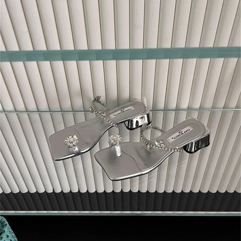 FRENCH EVENING BREEZE SLIPPERS SUMMER 2024 NEW FASHION RHINESTONE SANDALS BLOCK HEEL CLIP FLIP-FLOPS