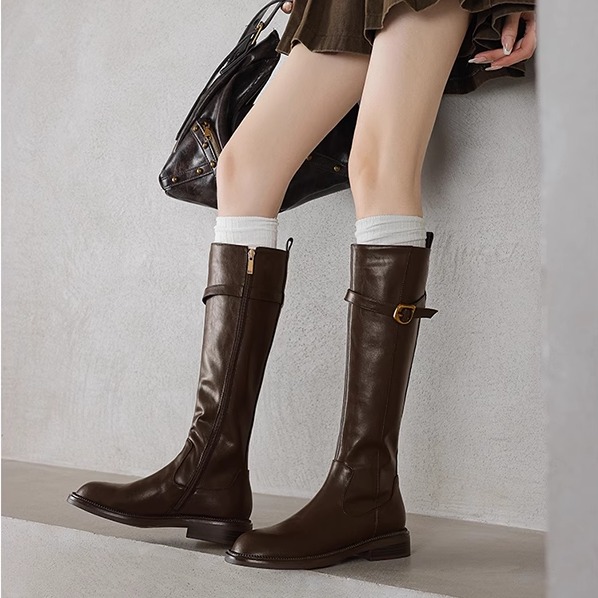 圆头皮带扣骑士靴女英伦风复古粗低跟长筒靴