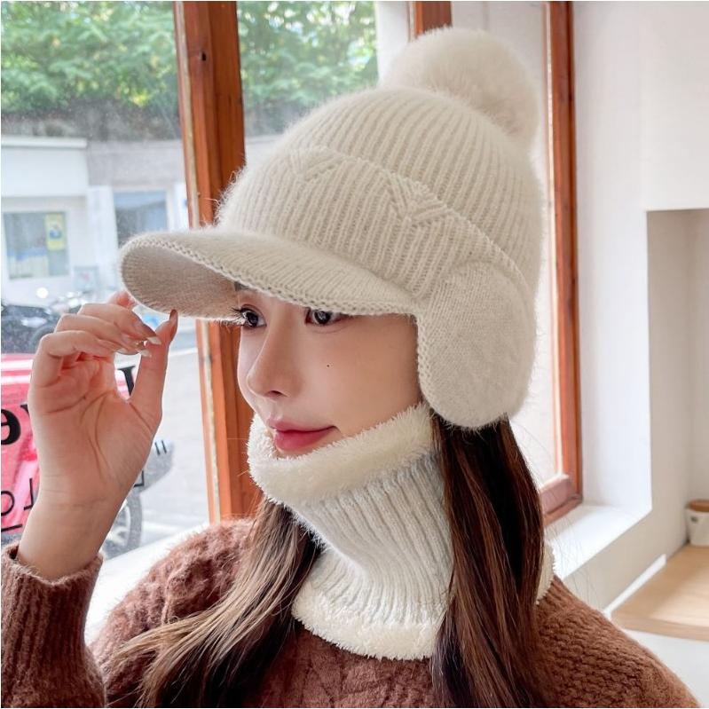 秋冬新款围脖套帽韩版时尚毛球针织帽护耳纯色针织保暖毛线帽子潮