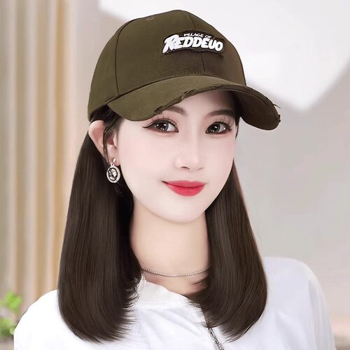 RED刺绣帽子假发一体女齐肩短发波波头假发帽子显脸小棒球帽假发